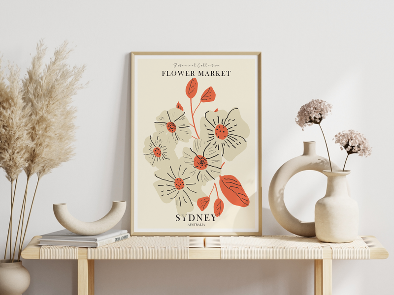 Das Poster ist ein fiktives Bild des Blumenmarktes in Sydney, Australien. 