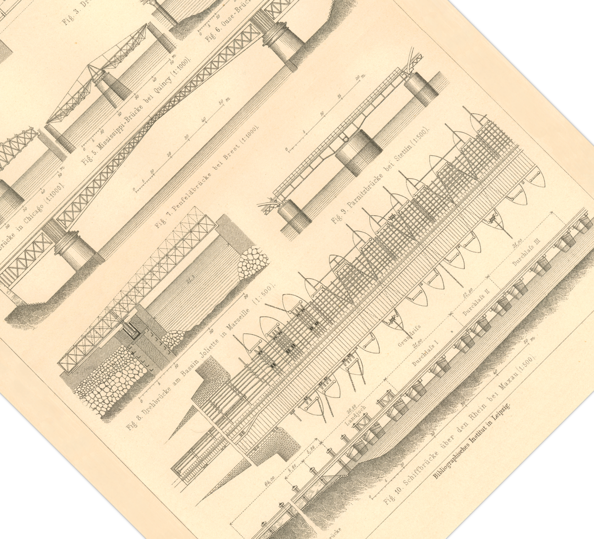 Das Poster zu verschiedenen Brücken ist eine Vintage Lithographie aus Meyers Koversations-Lexikon aus dem Jahr 1890