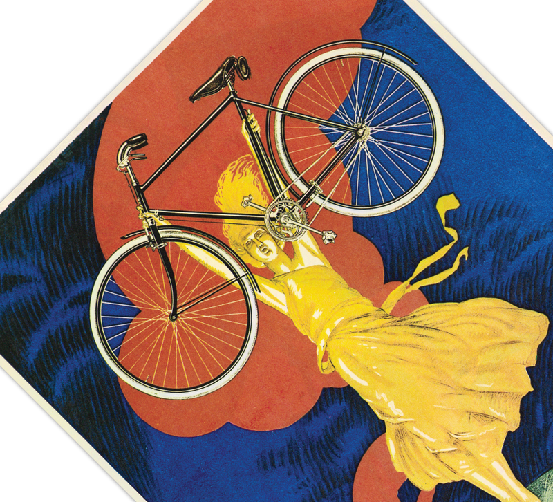 Bei dem Poster handelt es sich um den Nachdruck einer französischen Fahrrad-Werbung für Peugeot Fahrräder auf dem eine heroische Frau ein Fahrrad hält. 