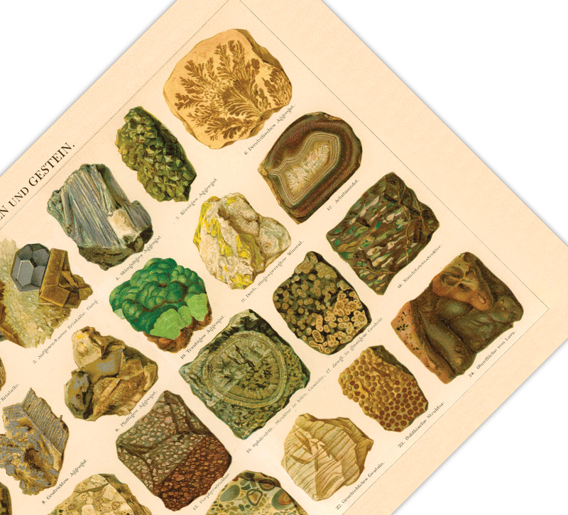 Das Poster von Mineralien und Gestein ist eine Vintage Lithographie aus Meyers Koversations-Lexikon aus dem Jahr 1890 im viktorianischen Stil. 
