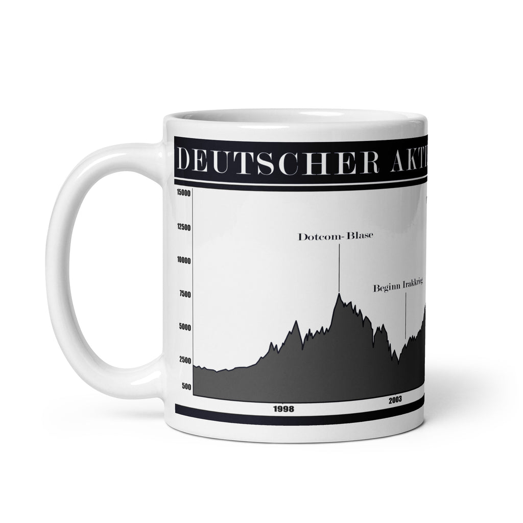 Tolle Tasse des Deutschen Aktien Index, Dax, für alle Day Trader, Aktionäre, Börsianer und Spekulanten. Die Tasse zeigt den historischen Chart des Deutschen Aktienindex. 