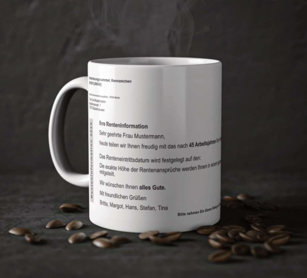 Die Tasse zeigt einen fiktiven Rentenbescheid der deutschen Rentenversicherung und ist nach wünschen personalisierbar.