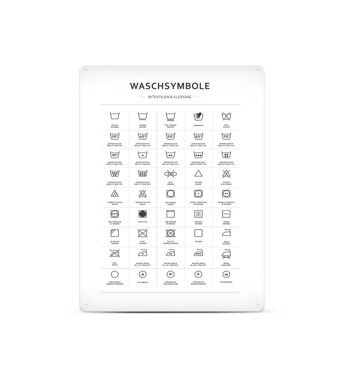 Metall Schild mit Waschsymbolen im A3-Format– ideal für Waschküche oder Badezimmer. Lichtbeständiger UV-Direktdruck - 4/0-farbig bedruckbar. Mit kleinen Vorbohrungen zum Befestigen.