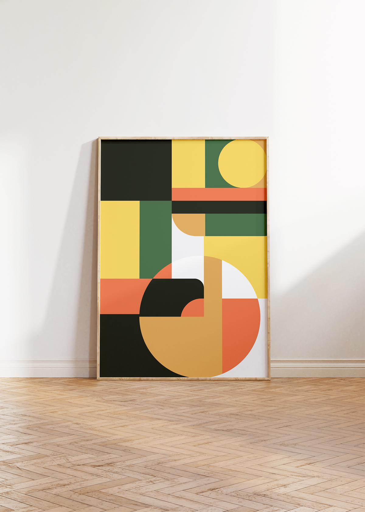 Dieses Poster zeigt dir eine moderne, geometrische Darstellung in Orange, Grün, Gelb und Beige.