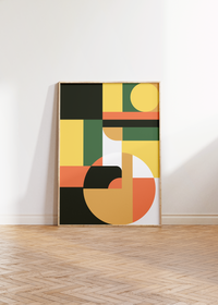 Dieses Poster zeigt dir eine moderne, geometrische Darstellung in Orange, Grün, Gelb und Beige.