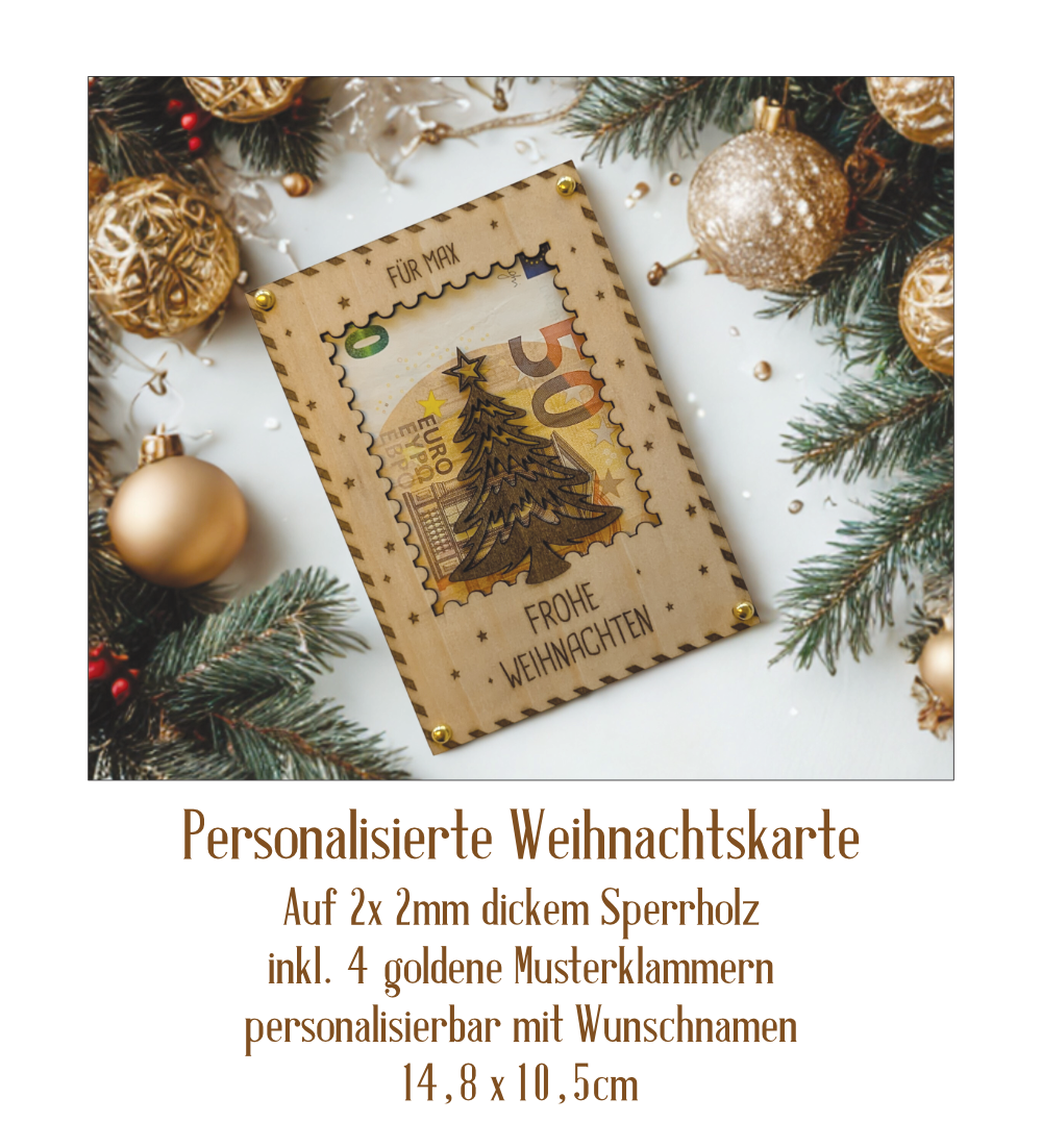 Hochwertige Holz-Weihnachtskarte mit Gravur, Sichtfenster für Geldgeschenke, 4 Motiven zur Auswahl, inklusive goldener Klammern – personalisierbar & nachhaltig verschenken.