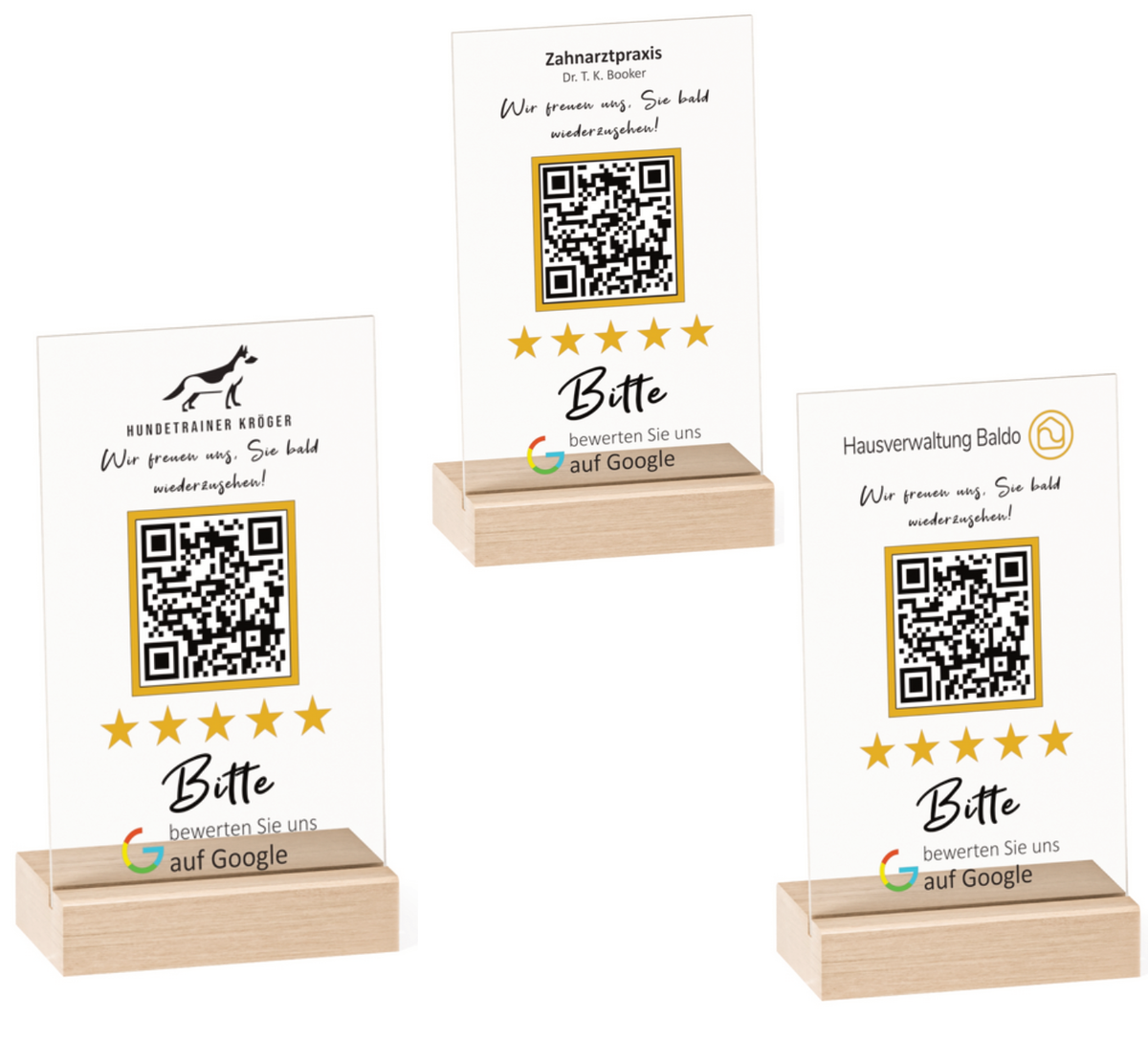 Dieser personalisierbare Google Bewertung QR-Code Aufsteller mit Holzfuss ist perfekt, um für dein Unternehmen zu werben. 