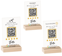 Dieser personalisierbare Google Bewertung QR-Code Aufsteller mit Holzfuss ist perfekt, um für dein Unternehmen zu werben. 