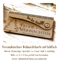 Handgefertigte Weihnachtskarte aus Holz mit festlichem Design, personalisierbar mit Namen & Wunschtext, inklusive Geldfach – ideal für stilvolle Grüße & kreative Geschenke!