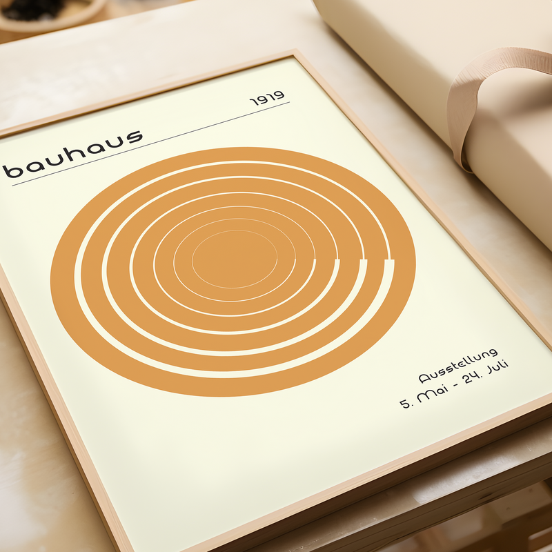 Das Poster im Bauhaus-Stil  zeigt dir eine Spirale im Kreis in Grün oder Orange.