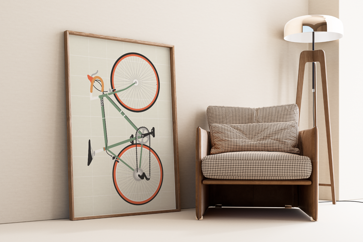Dieses Poster im minimalistischen Stil zeigt ein grünes Rennrad auf beigen Hintergrund. 