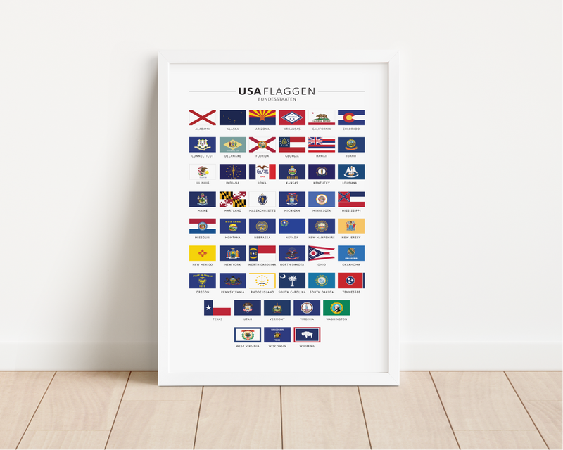 Das Poster zeigt dir die Flaggen der 50 US-Bundesstaaten.