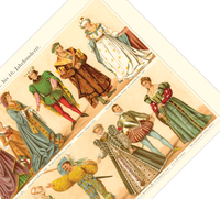 Das Poster von alten Kostümen und Mode ist eine Vintage Lithographie aus Meyers Koversations-Lexikon aus dem Jahr 189