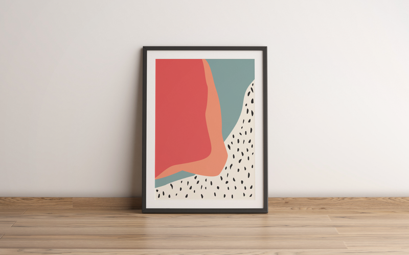 Das Poster zeigt eine abstrakte Darstellung in den Farben Rot, Orange und Blau. 