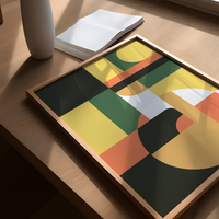 Dieses Poster zeigt dir eine moderne, geometrische Darstellung in Orange, Grün, Gelb und Beige.