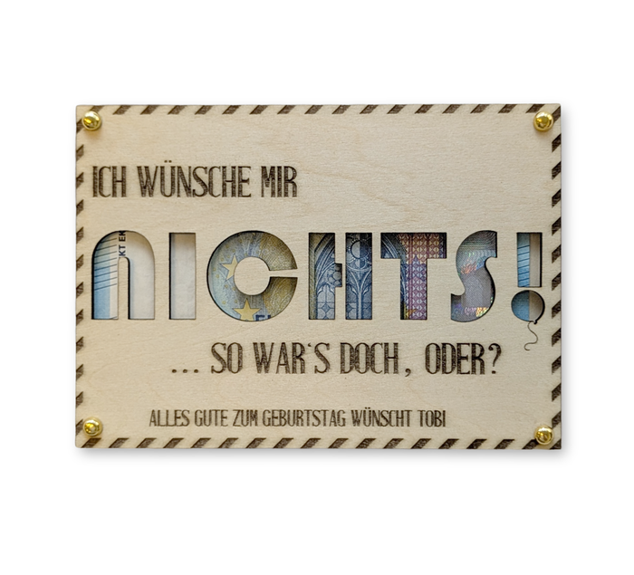 Karte zum Geburtstag .Holzkarte im A6 Format mit witziger Gravur und Geldfach – perfekt zum Geburtstag oder anderen Anlässen. Mit deinem Wunschtext personalisierbar und garantiert ein Hingucker!