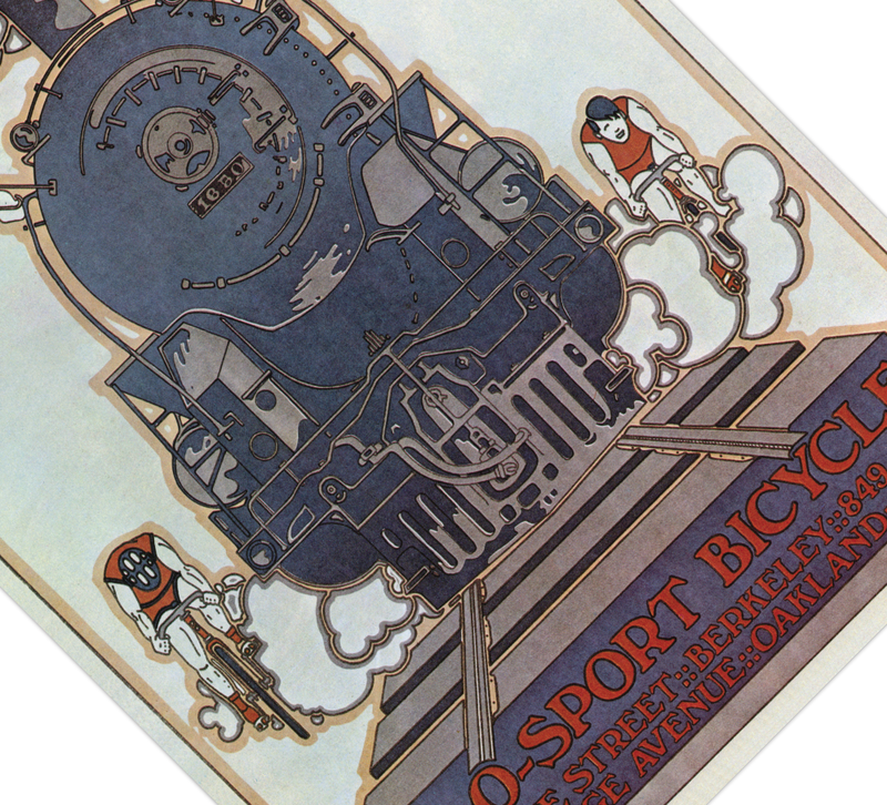 Bei dem Poster handelt es sich um den Nachdruck eines Plakates für Fahrräder. Auf dem Bild sind zwei Radfahrer und ein Zug zu sehen mit französischer Schrift. 