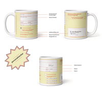 Diese lustige Tasse ist ideal als Geschenk für jeden Arbeitskollegen. Die Tasse zeigt einen gelben Krankenschein mit allen Daten. 