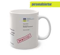 Die Tasse zeigt einen fiktiven Rentenbescheid der deutschen Rentenversicherung und ist nach wünschen personalisierbar.