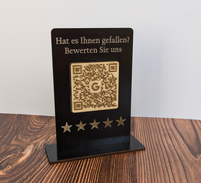 Google Bewertung QR-Code Aufsteller | Bewertungskarte personalisierbar Holz 12x8 cm