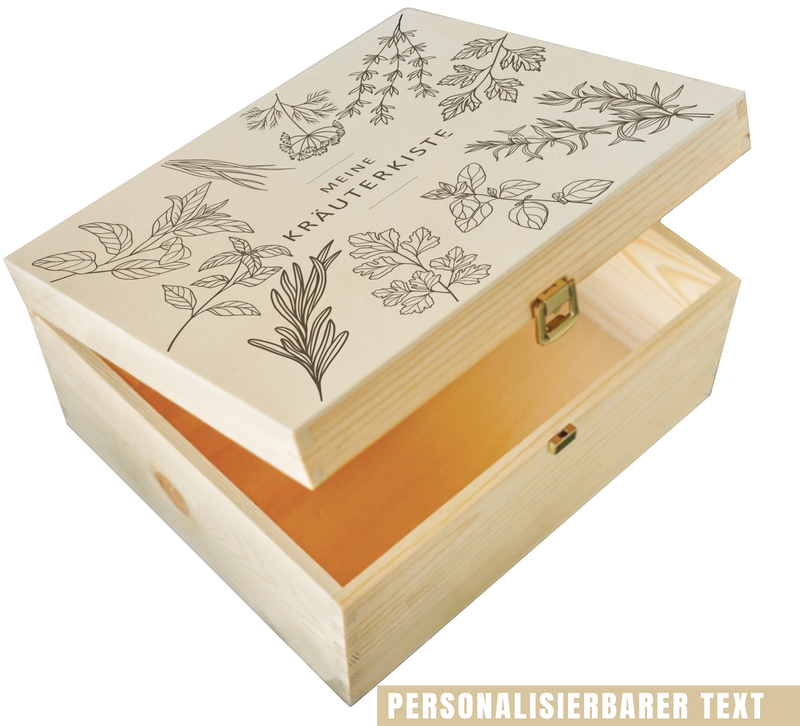 Personalisierte Kräuter-Saatgutbox aus Holz mit Gravur – stilvolle Aufbewahrung für Samen, Gartenaccessoires oder Erinnerungsstücke. Ideal als Geschenk für Gartenfreunde.