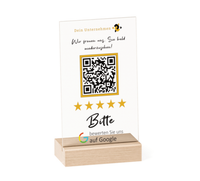 Dieser personalisierbare Google Bewertung QR-Code Aufsteller mit Holzfuss ist perfekt, um für dein Unternehmen zu werben. 