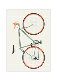 Dieses Poster im minimalistischen Stil zeigt ein grünes Rennrad auf beigen Hintergrund. 