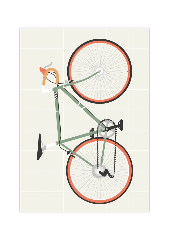 Dieses Poster im minimalistischen Stil zeigt ein grünes Rennrad auf beigen Hintergrund. 