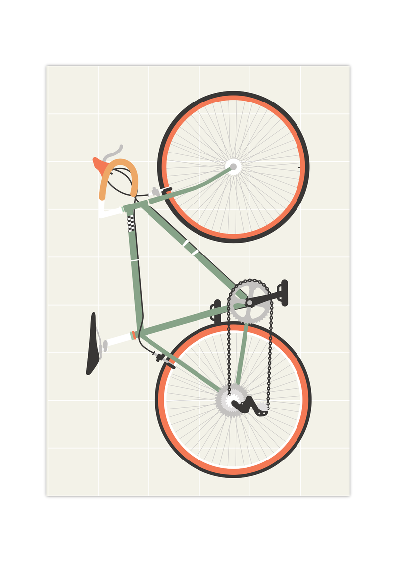 Dieses Poster im minimalistischen Stil zeigt ein grünes Rennrad auf beigen Hintergrund. 