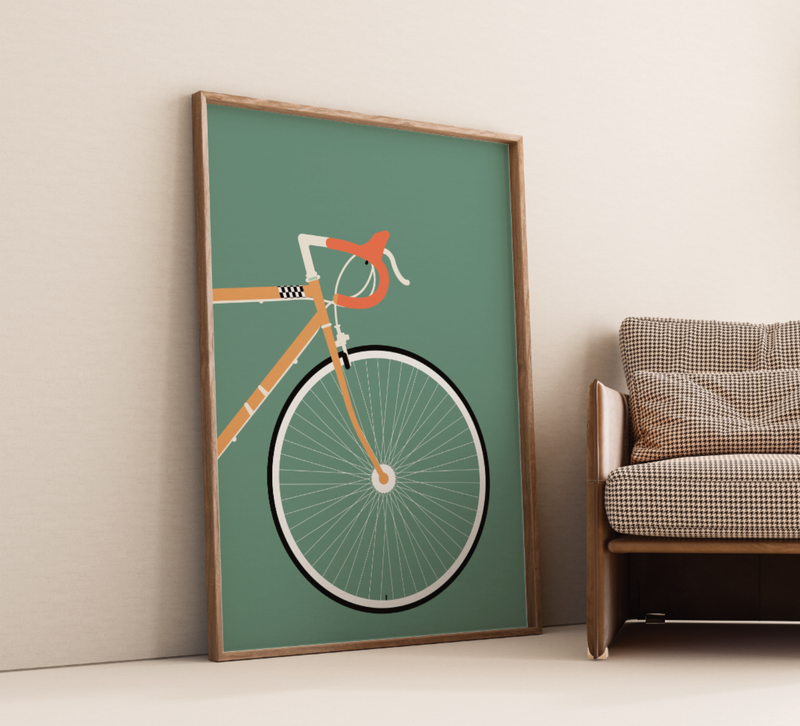Minimalistisches Rennrad-Poster mit Vorderrad-Ansicht.