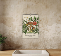 A4-Wandkalender mit historischen Illustrationen von Wildpflanzen, Kräutern und Pilzen aus der Zeit um 1900; Monatsübersicht mit saisonalen Pflanzen, hochwertiger Fineart-Druck auf Premium-Papier, Vintage-Design mit schwarzer Spiralbindung.