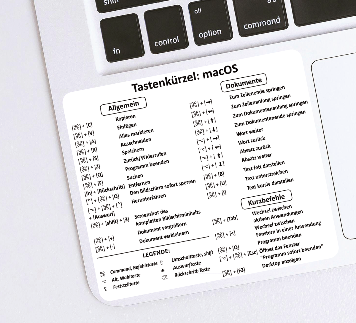 Der abwaschbare Aufkleber zeigt die nützlichsten deutschen Tastenkürzel für MacOS.