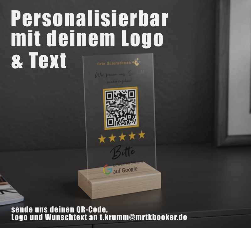Dieser personalisierbare Google Bewertung QR-Code Aufsteller mit Holzfuss ist perfekt, um für dein Unternehmen zu werben. 