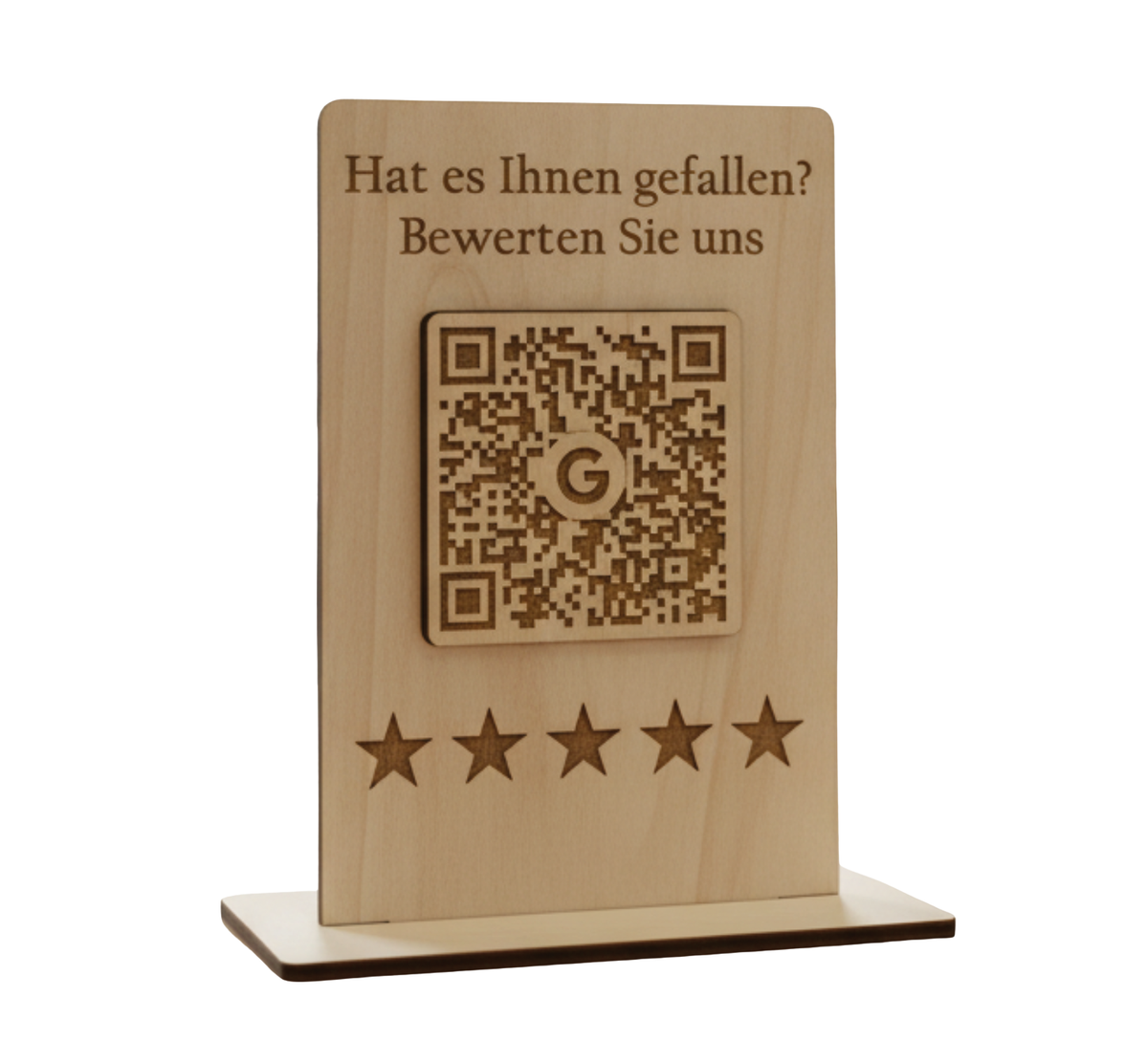 Google Bewertungs-Aufsteller aus Holz – QR-Code mit Google-Logo und personalisierbarem Text. Stilvolle Theke-Deko für mehr Bewertungen. Größe: 12x8 cm, inkl. Fuß. Jetzt individuell gestalten!
