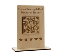 Google Bewertungs-Aufsteller aus Holz – QR-Code mit Google-Logo und personalisierbarem Text. Stilvolle Theke-Deko für mehr Bewertungen. Größe: 12x8 cm, inkl. Fuß. Jetzt individuell gestalten!