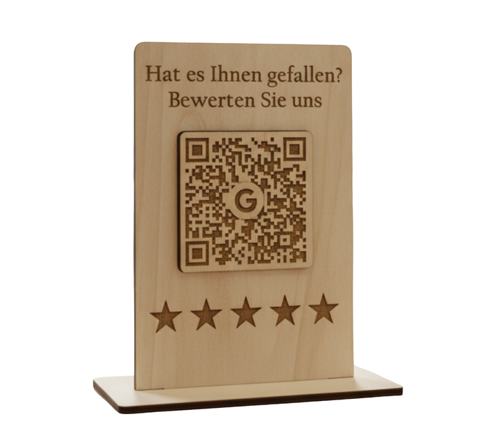 Google Bewertungs-Aufsteller aus Holz – QR-Code mit Google-Logo und personalisierbarem Text. Stilvolle Theke-Deko für mehr Bewertungen. Größe: 12x8 cm, inkl. Fuß. Jetzt individuell gestalten!