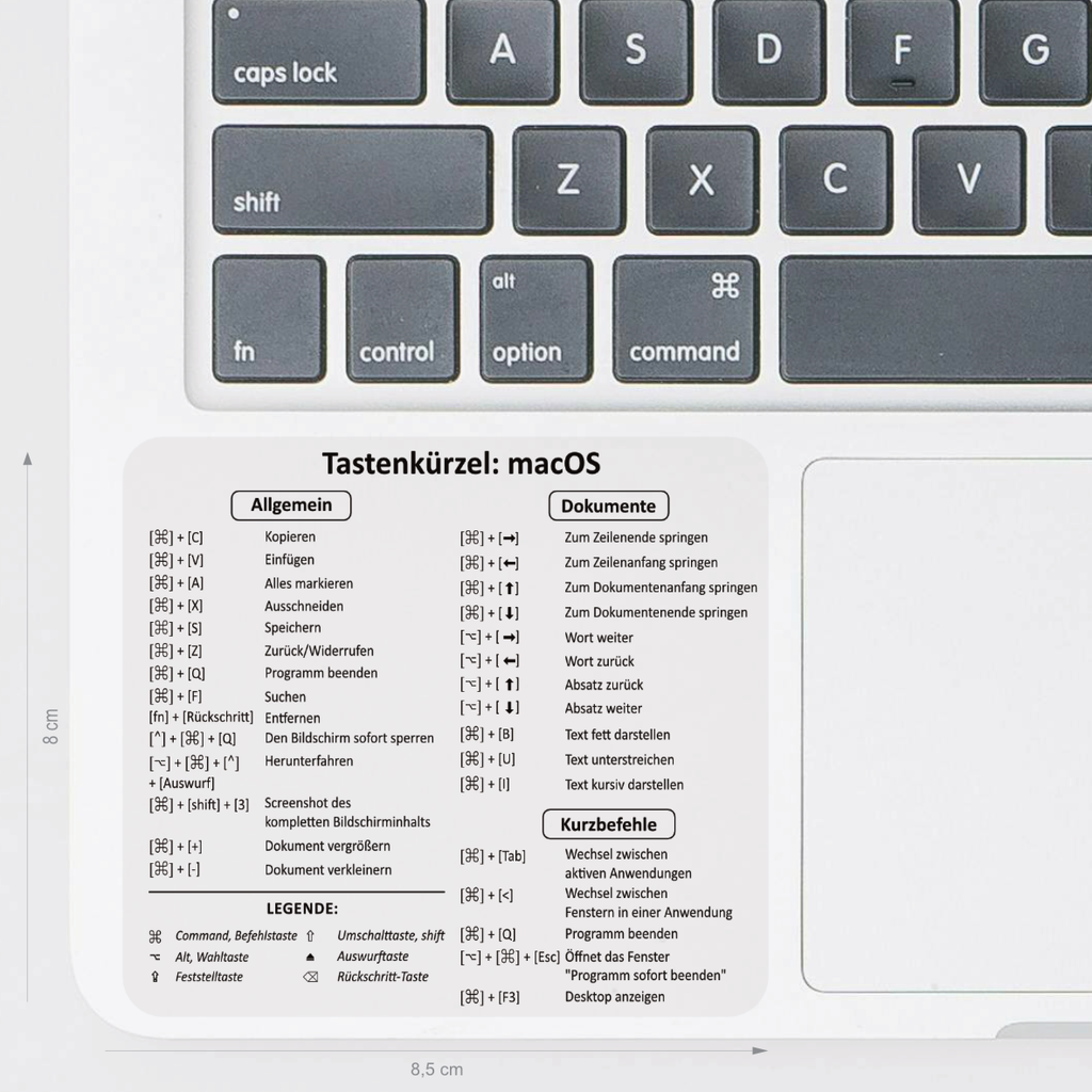 Der transparente und abwaschbare Aufkleber zeigt die nützlichsten deutschen Tastenkürzel für MacOS. 