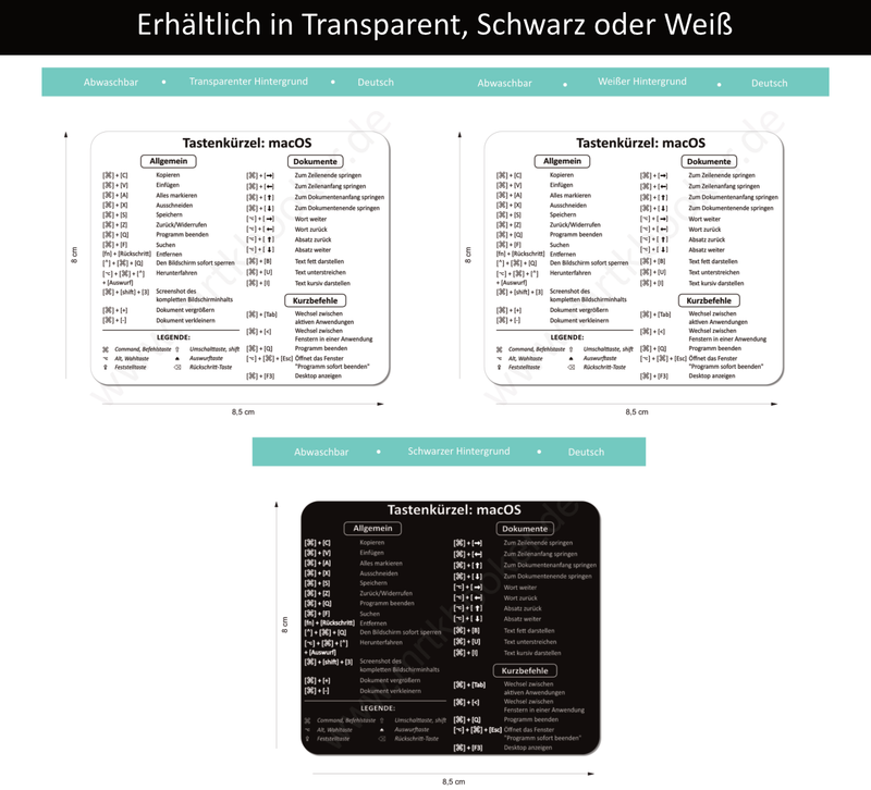 Der abwaschbare Aufkleber zeigt die nützlichsten deutschen Tastenkürzel für MacOS.
