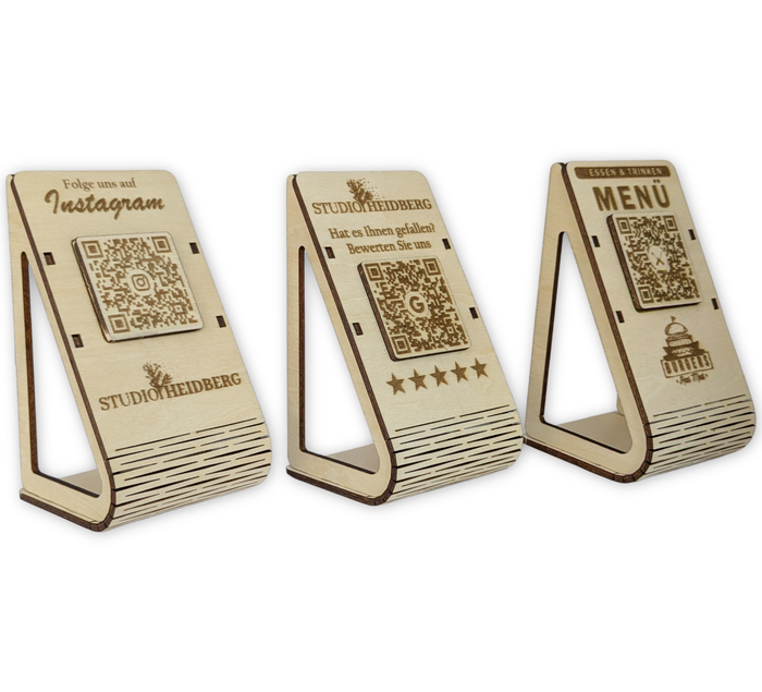 QR-Code-Aufsteller aus Holz mit für Google, Instagram, Speisekarten– ideal für Ladentheke, Restaurants, Bars oder Empfangsbereich, fördert Kundenbewertungen und lokale Sichtbarkeit.