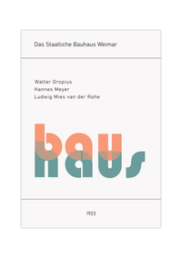 Dieses Bauhaus Poster zeigt dir das Wort Bauhaus und die drei Direktoren Walter Gropius, Hannes Meyer und Ludwig Mies van der Rohe in Blau und Orange. 