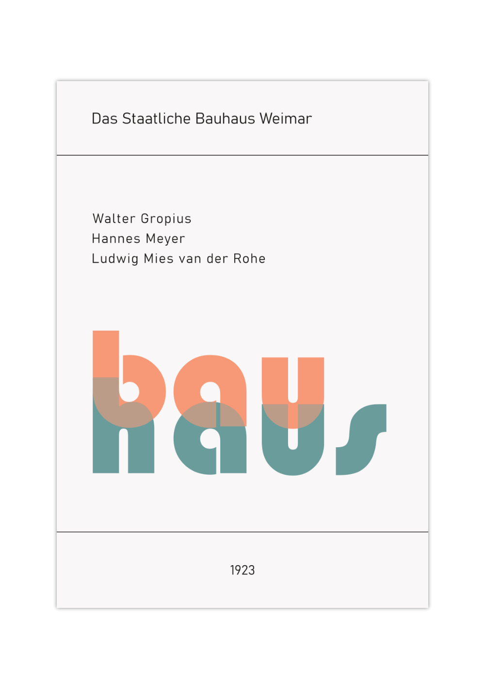 Dieses Bauhaus Poster zeigt dir das Wort Bauhaus und die drei Direktoren Walter Gropius, Hannes Meyer und Ludwig Mies van der Rohe in Blau und Orange. 