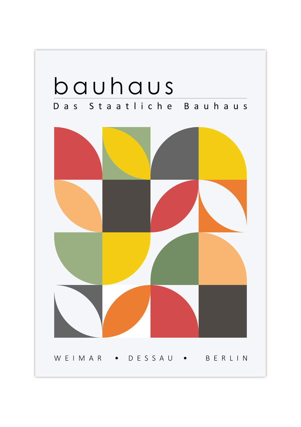 Dieses Bauhaus Poster zeigt dir verschiedenfarbige, für das Bauhaus typische geometrische Formen in unterschiedlichen Farben.