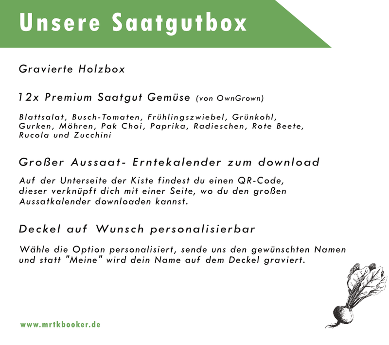 Saatgutbox Holz graviert | 12 Sorten Gemüse  mit Aussaat & Erntekalender