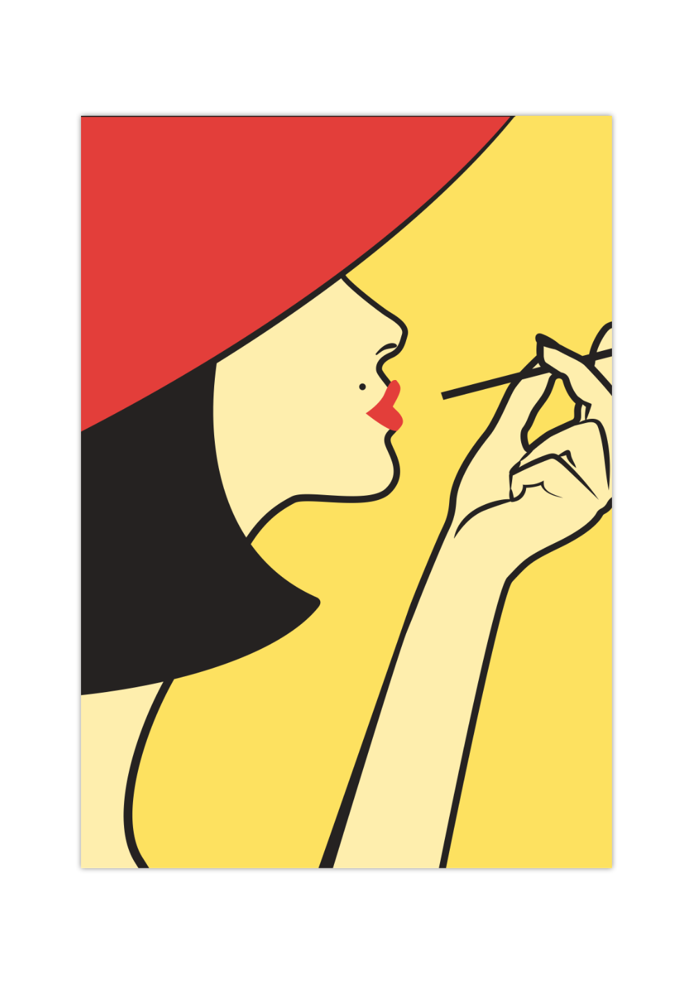 Das Poster zeigt eine elegante Frau der 20 Jahre, die raucht. Das Bild ist in Gelb und Rot gehalten. Das feministische Poster ist perfekt für alle elegante Frauen und dekorativ in jedem Raum, ob Wohn- oder Schlafzimmer.