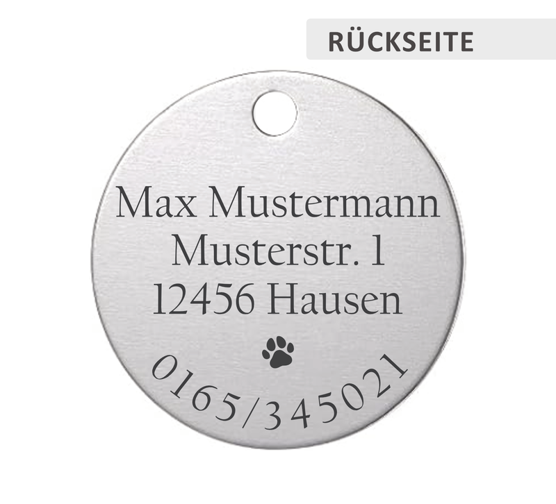 Die Hundemarke ist beidseitig individualisierbar, sodass Sie Namen, Telefonnummern und Adresse problemlos personalisieren können.