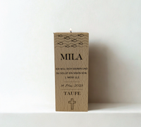 Kerzenhalter aus Holz für Teelicht mit Kreuz, christlichen Fischen & Gravur. Mit Name, Datum & Wunschtext personalisierbar. Geschenk zur Taufe & Kommunion.