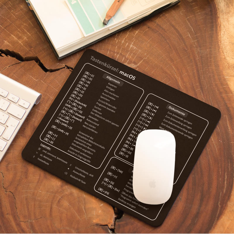 Auf diesem Bild siehst du unser Mauspad mit den Tastenkürzeln für MacOS. In unserem Shop findest du viele weitere Mauspads mit Shortcuts.