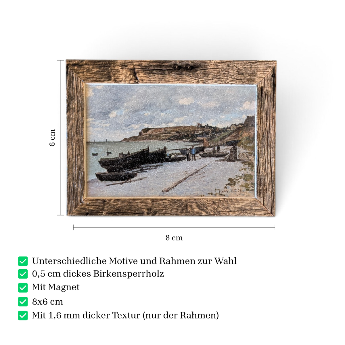 Rechteckiger Holz-Kühlschrankmagnet (8x6 cm) aus Birkensperrholz mit einem gedruckten Gemälde von Claude Monet. Das Bild wird von einem spürbaren 1,6 mm 3D-Relief-Galerierahmen in Gold oder rustikalem Holz umschlossen.