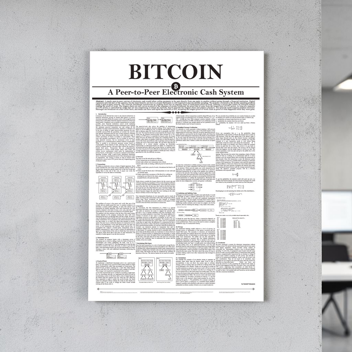 Minimalistisches Krypto-Wandbild des originalen Bitcoin Whitepapers von Satoshi Nakamoto. Erhältlich als als robuster 3mm Alu-Dibond-Direktdruck.