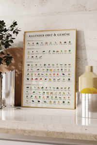 Der Saisonkalender zeigt verschiedene Obst, Gemüse und Salatsorten mit Bildern in Farbe und unterschieden nach Frühling, Sommer, Herbst und Winter.